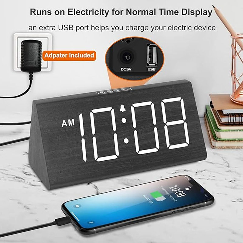 Dreamsky Wooden Digital Alarm Clocks For Bedrooms - Electric Desk Clock With Large Numbers, Usb Port, Loud Alarm For Heavy Sleepers, Adjustable Volume, Dimmer, Snooze, Dst, 12/24h, Wood Décor Gifts