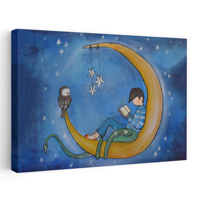 Boy Reading On Moon Abstract Contemporary Bird Owl Forest Landscape Wall Art Print 1 Piece Wrapped Canvas Wall Art