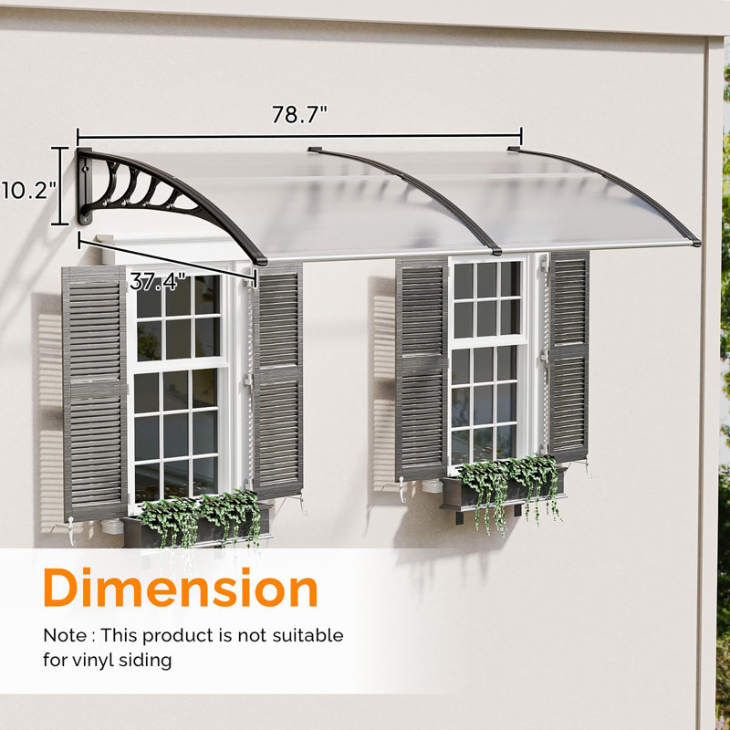 Window Awning Door Canopy Exterior, Clear/Black, 10.2" H x 78.7" W x 37.4" D