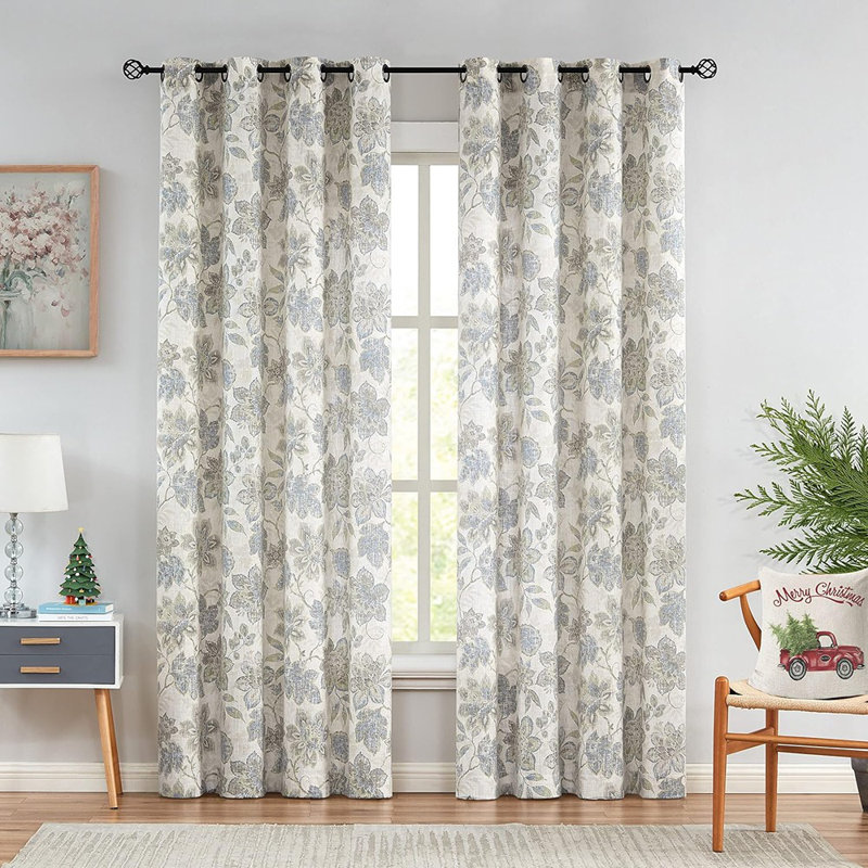 Rideaux filtrant la lumière Floral Botanical, rideaux en lin vert et bleu avec œillets, 2 panneaux rustiques Farmhouse, 52 po x 84 po