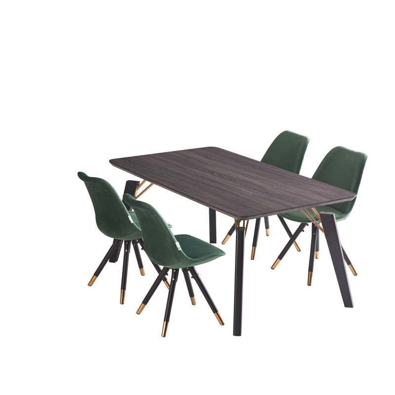 Gualtier 4 Person Dining set - a Rectangular Wooden Dining Table with Metal Legs and a Set of 4 Quilted Velvet Dining Chairs for Dining Room - Modern Dining Table Set
