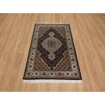 Tapis oriental noué à la main 3 pi 2 po x 5 pi 4 po Tabriz Mahi avec médaillon de poisson, 100% laine, 175 KPSI