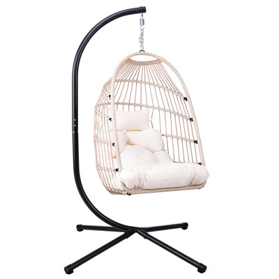 Foldable Hanging Egg Chair with Stand Headrest and Cushion