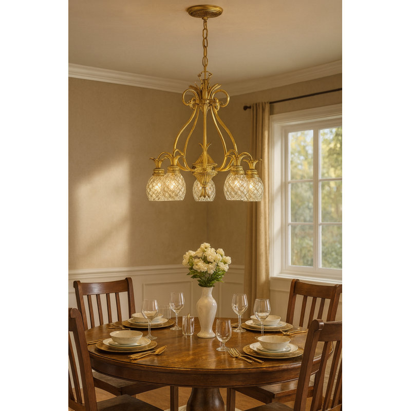 Plantation 5 Light Chandelier, Burnished Brass