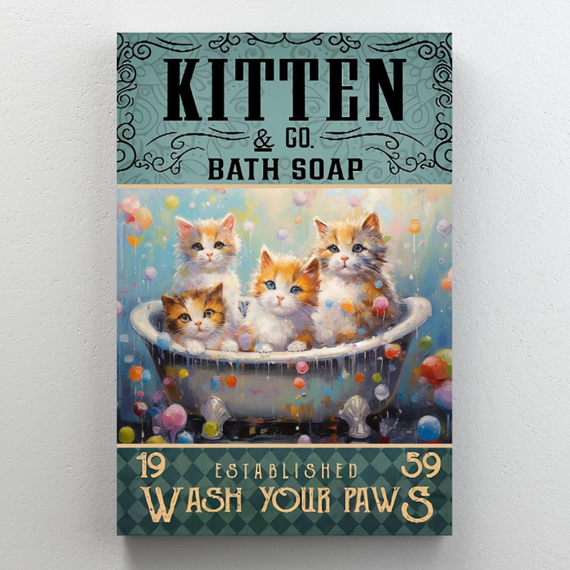 «Kitten Wash Your Paws», reproduction d'art graphique sur toile tendue, H 14 po x l 11 po x P 1,25 po