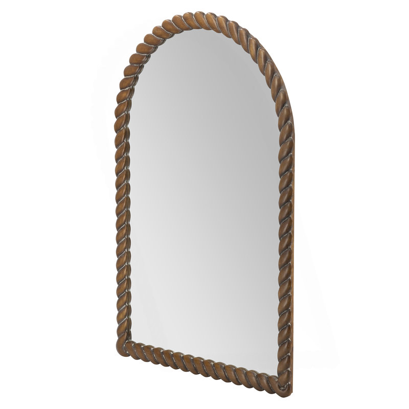 24X36" Arched Pine Wood Accent Mirror With Textured Brown Frame