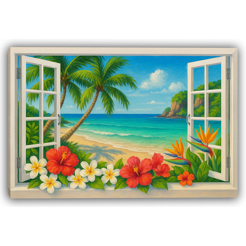 Vue d'une fenêtre tropicale avec hibiscus, H 24 po x l 48 po