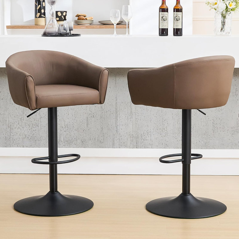 Swivel Upholstered Adjustable Bar Stools with Back & Large Base (Set of 2), Brown, 2