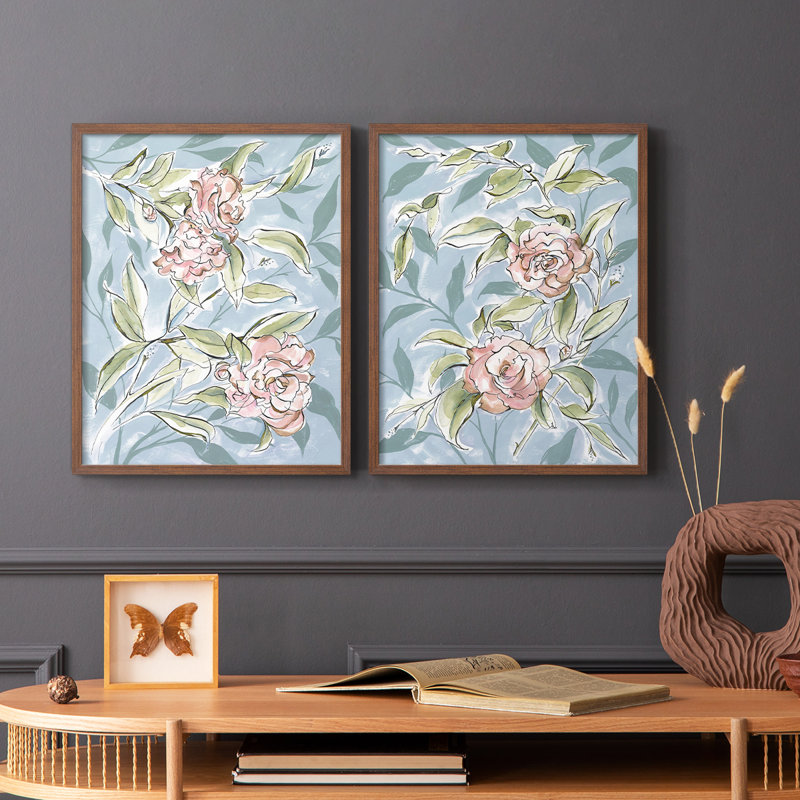 Impression encadrée «I-Premium Camellias» délavée - prête à être accrochée - aucun clou requis - aucun clou requis, Noyer