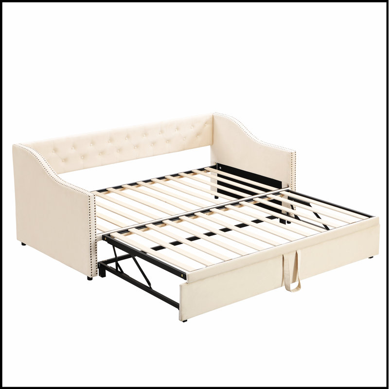 Upholstered Daybed with Pop Up Trundle, Velvet Finish, Twin-to-Design for Versatile and Comfortable Sleeping, Beige