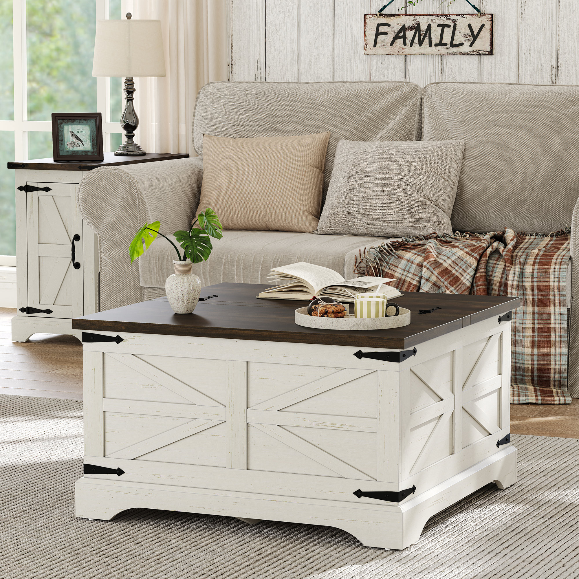 Barn Door Storage Table 48 Inch Farmhouse Lift Top Coffee Table With Storage - Adjustable Height Table With Sliding Barn Doors 48 Inch Coffee Table
