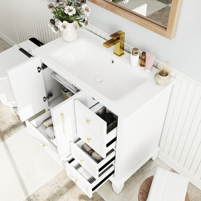Meuble-lavabo 35,6 po, moderne, 5 tiroirs, armoires, surface peinte, lavabo intégré, base en bois massif, grand rangement autoportant blanc Mid-Century, bois,