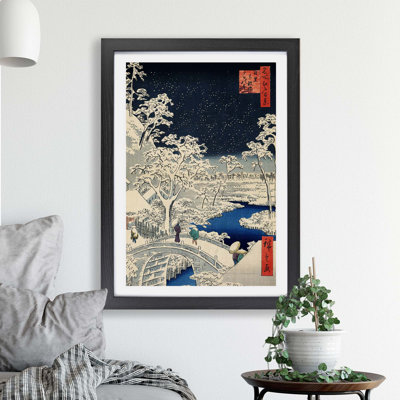 Meguro Drum Bridge and Sunset Hill by Utagawa Hiroshige - Framed Print