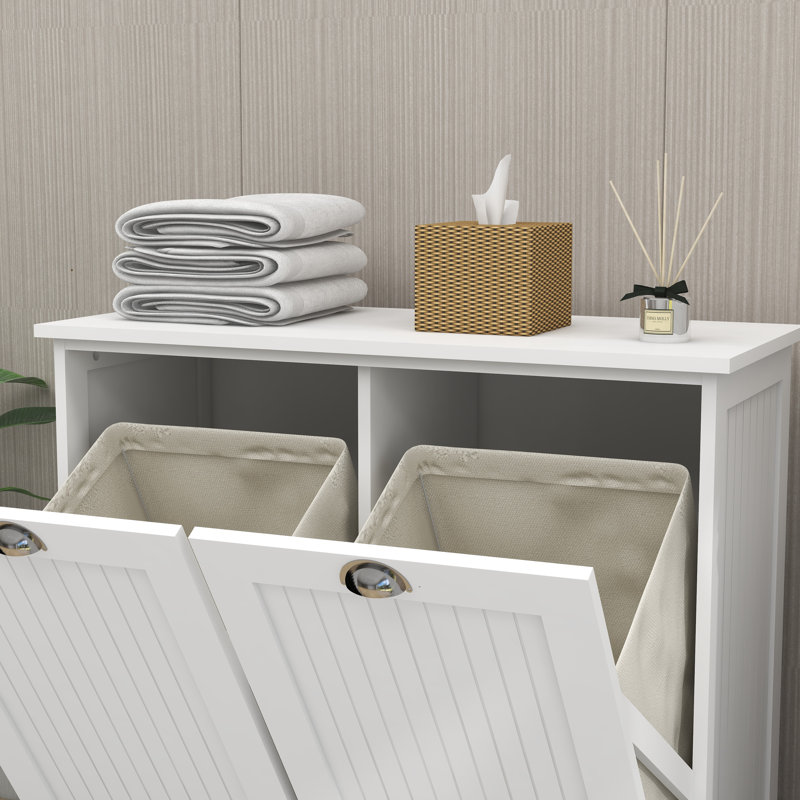 White Laundry Sorter Cabinet, MDF Hamper With 2 Removable Cloth Bags, Two Compartment Hidden Storage, UV Painted Surface For Bathroom Bedroom