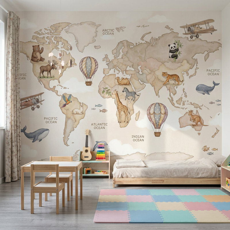 Papier peint carte du monde amovible montgolfière, 140 po x 108 po, Peler et coller