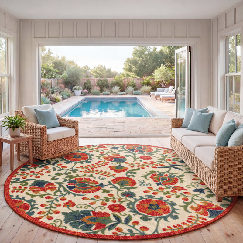 Tapis floral intérieur / extérieur Deka, Rond 7 pi 10 po