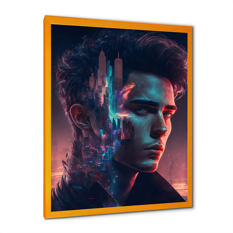 «Double Exposure Man Portrait Sci-Fi II», impression sur toile, H 32 po x l 24 po x P 1 po, Encadrement doré