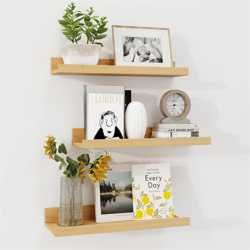 Rustic Floating Shelves Set of 3 with Lip, Picture Ledge Shelf for Nursery, Living Room – Multipurpose Storage Organizer, Bookshelf, & Photo Display Rack Oak