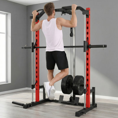 Machine tout-en-un réglable Smith, cage électrique multifonctionnelle pour la salle de gym à domicile, support croisé à câbles pour appareils d'entraînement avec accessoires, rouge