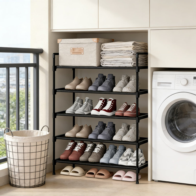 Étagère à chaussures étroite à 4 niveaux pour le couloir d'entrée ou le rangement de la chambre à coucher, conception facile à assembler et peu encombrante avec tablettes réglables