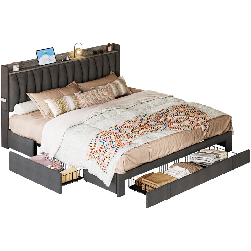 Deilyn Upholstered Bed with Charging Station and 3 Drawers, King, Gray
