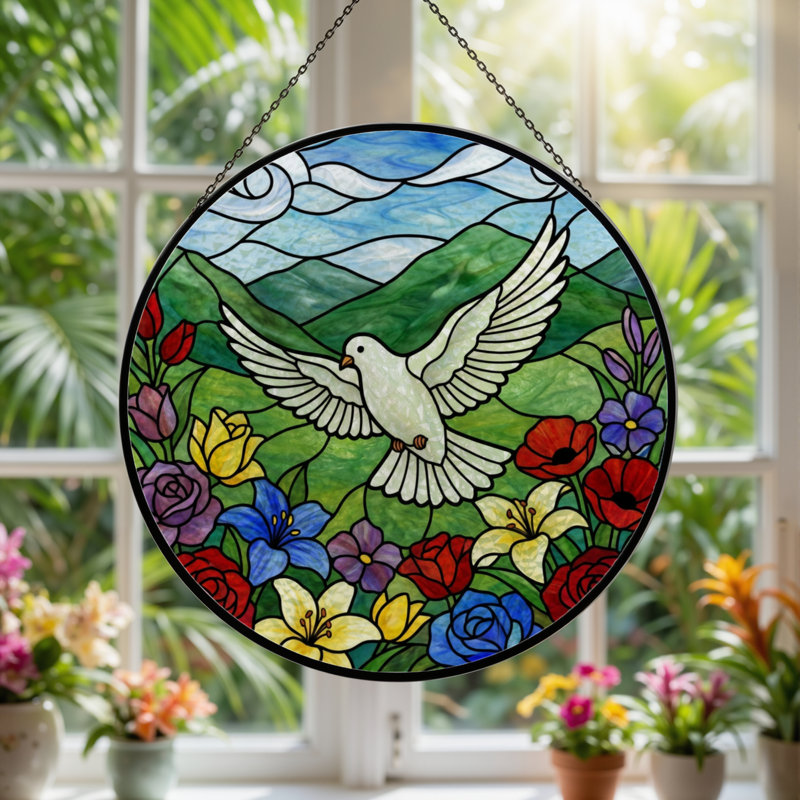 Panneau de vitrail 12 "H Dove Garden, H 12 po x l 12 po 