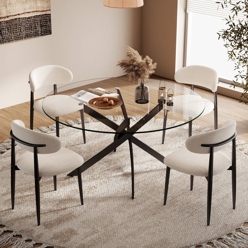 Ensemble de table de salle à manger ronde, plateau de table en verre trempé avec base en métal noir, chaises de salle à manger rembourrées en lin avec pieds en métal pour la salle à manger