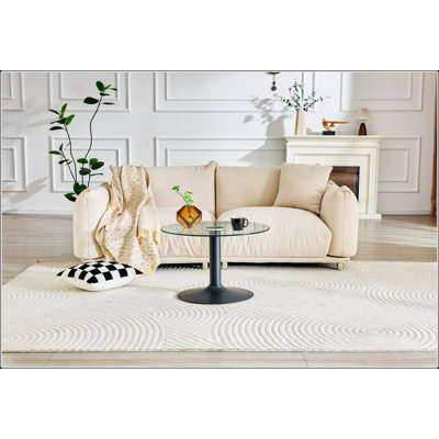 Table basse ronde en verre trempé de 27,5 pouces avec base en métal et bordure légère de luxe pour la vie moderne