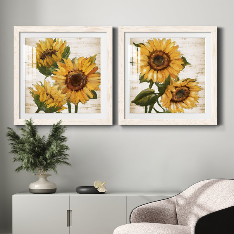 Tournesol d'été I - ensemble de 2 peintures, H 20 po x l 40 po, Papier dans un cadre photo, Blanc