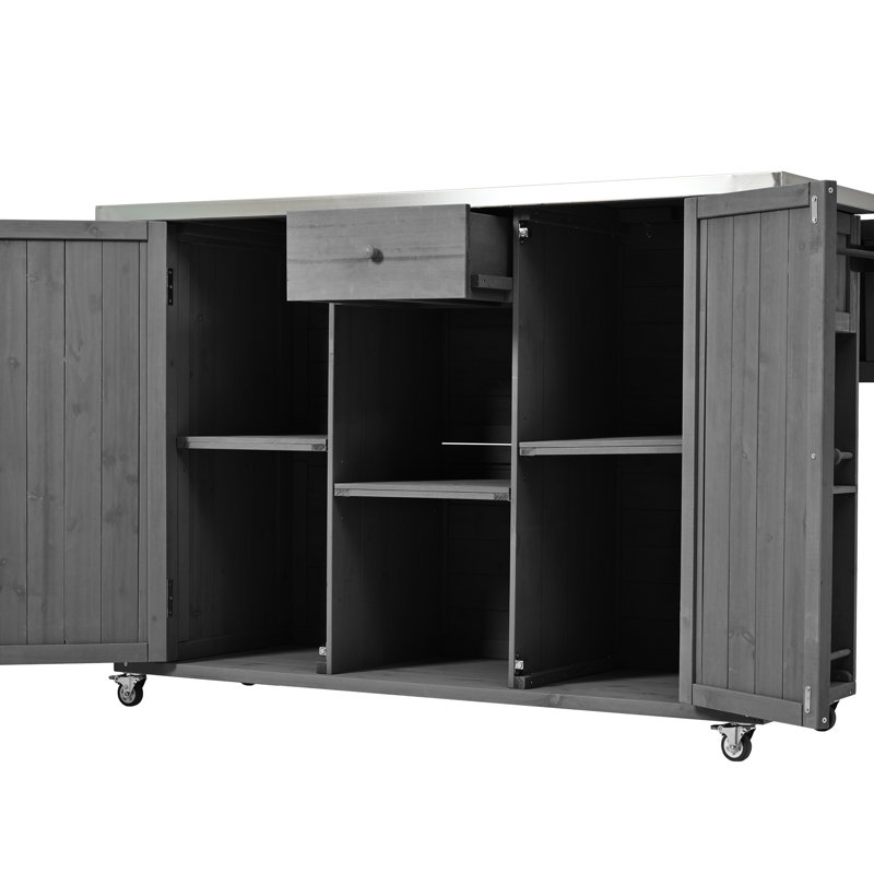 Grey Outdoor Kitchen Island - Fir Wood & Stainless Steel, Expandable Workspace, Storage Options, Towel Spice , Bottle Opener, Lockable Wheels For Mobility Quality Construction, Steel Top, Rack,