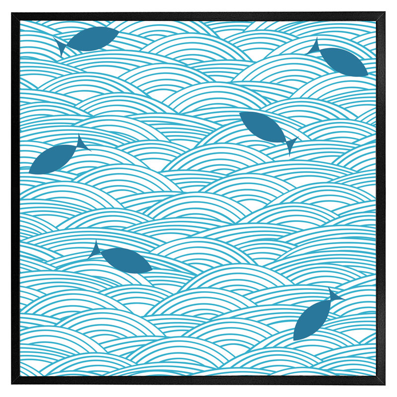 Aaqib Waves & Fish - Single Picture Frame Print, 31cm H x 31cm W x 4cm D, Black Framed
