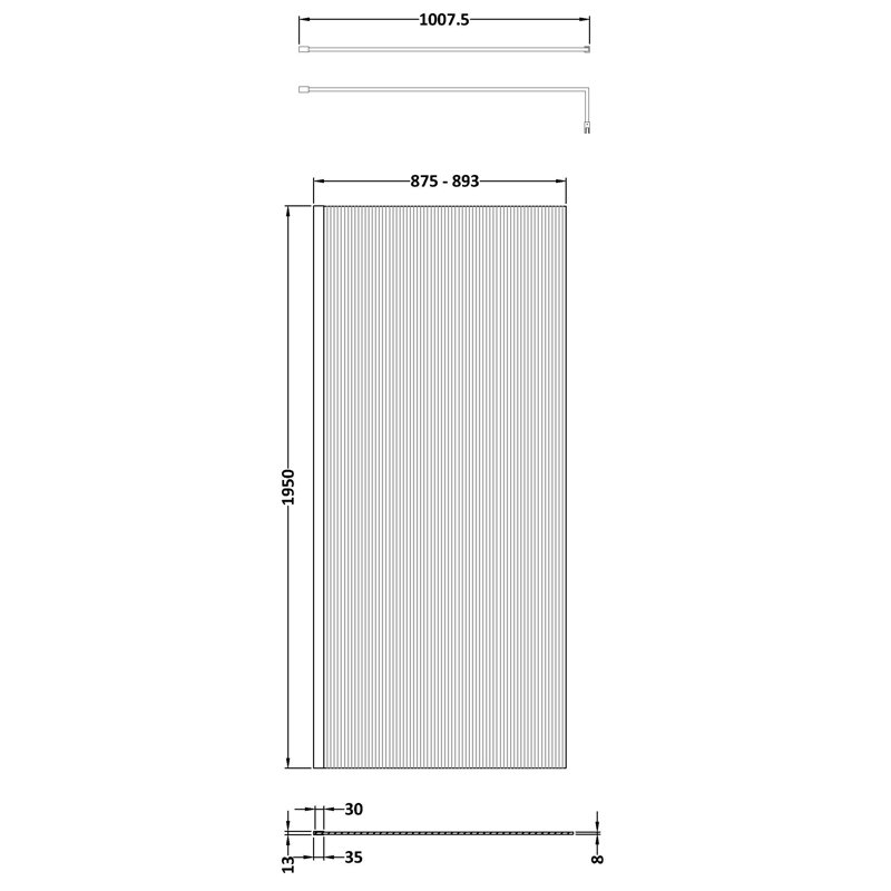Fluted 1950mm H Frameless Wet Room Screen with Glass, 893 cm