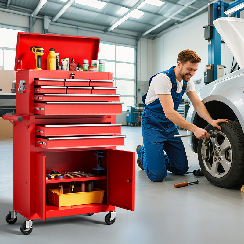 Coffre à outils roulant 10 tiroirs, boîte à outils verrouillable 2 en 1 avec tiroirs, range-outils mécanique de grande capacité, tablette réglable et armoire supérieure amovible pour garage d'atelier
