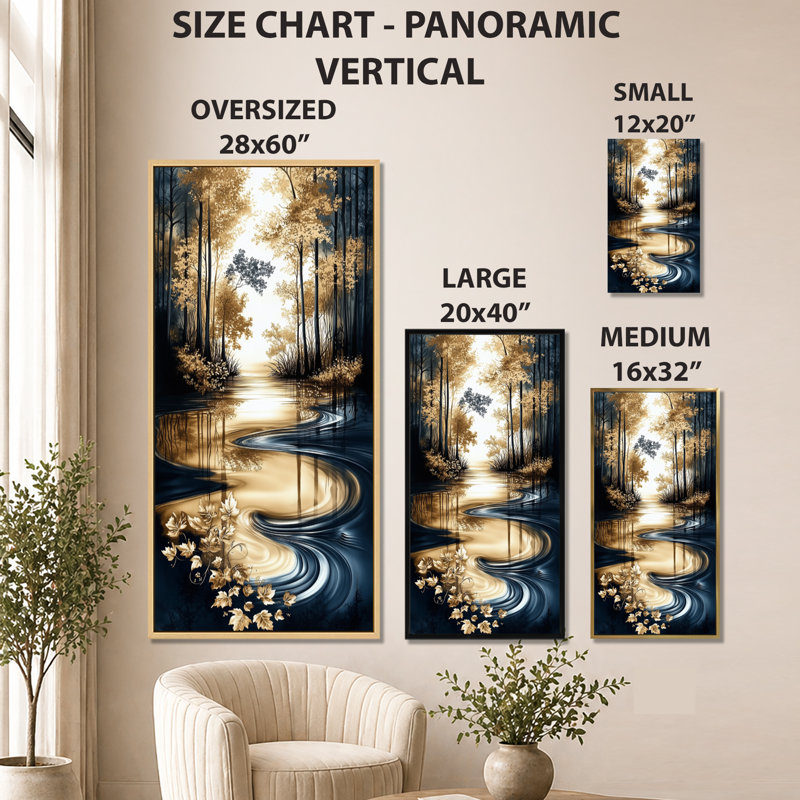 «Gold Blue Gold Tranquil Autumn Lake Reflections I - Serene», reproduction d'art sur toile encadrée, Cadre flottant blanc