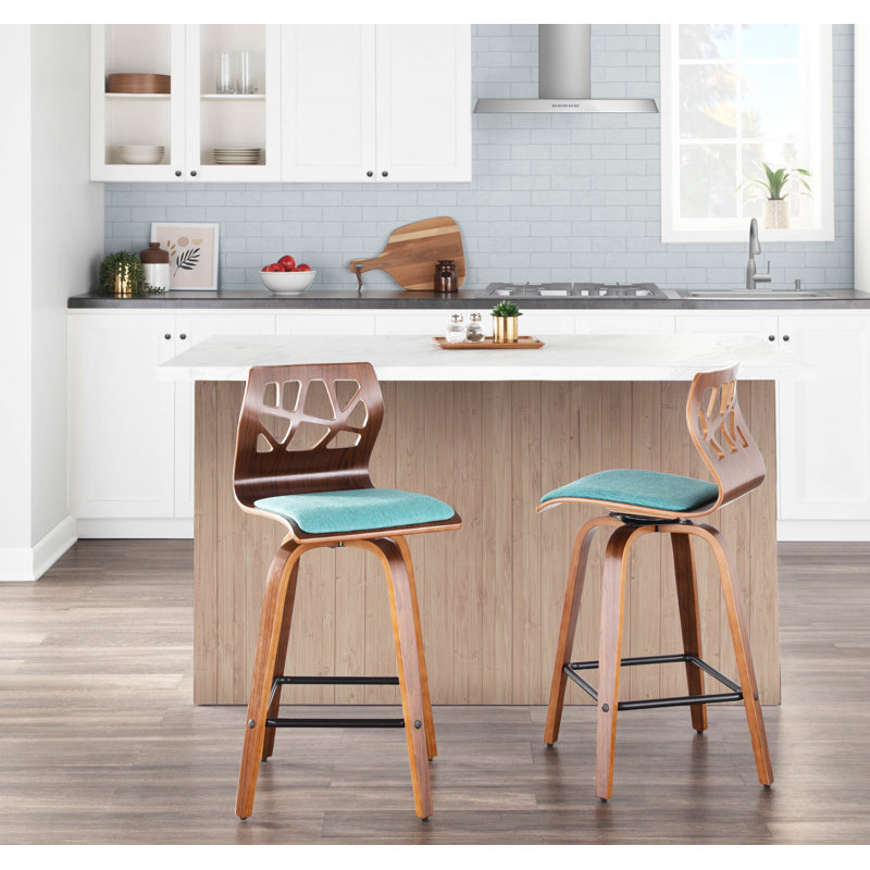 Tenessa Swivel Upholstered Counter Stool with Solid Wood Frame, Blue