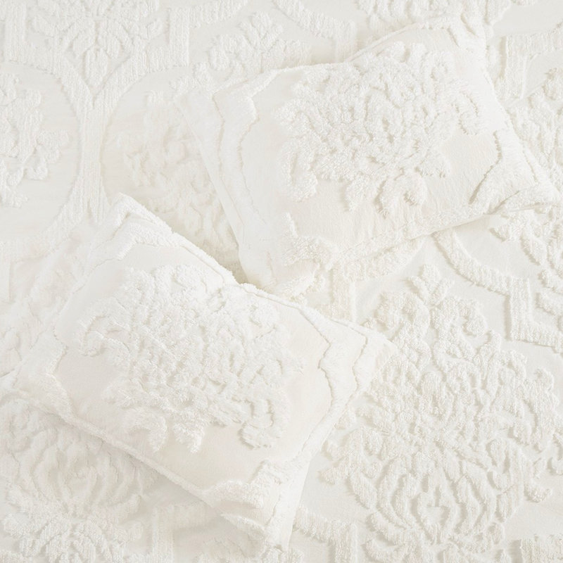 3 Piece King/ King Duvet Cover , Cotton Chenille , White, Design, 2 Shams, Button Closure, Corner Ties, Machine Washable, Classy Style With Soft & Stylish,