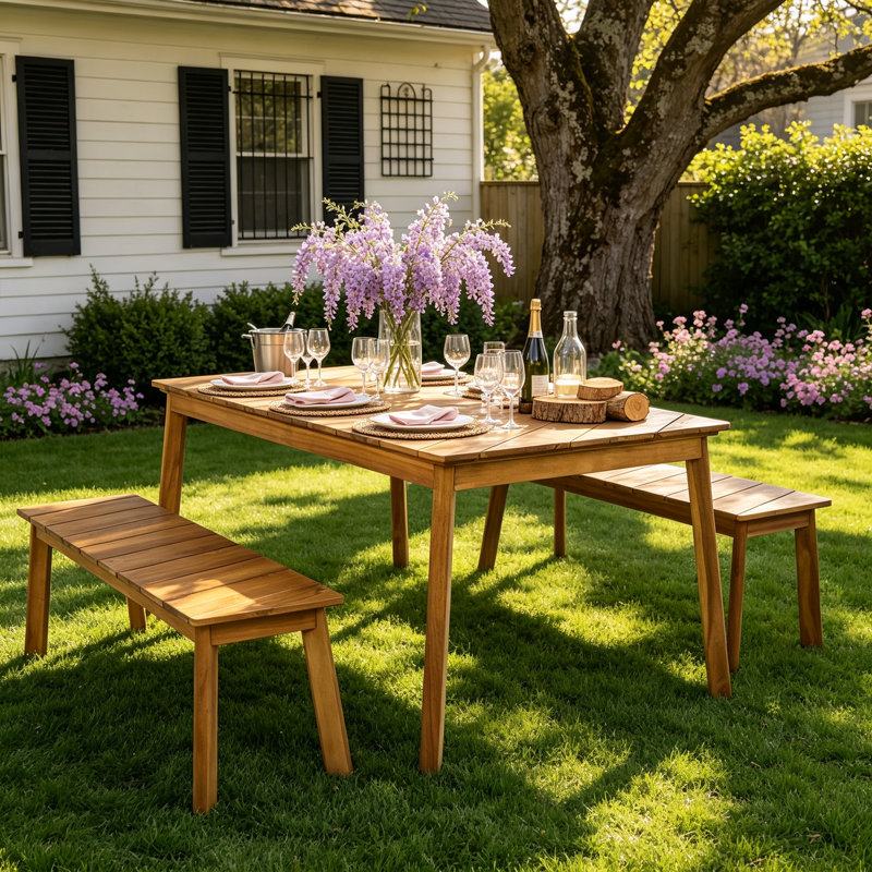 Ensemble de salle à manger 3 pièces en bois d'acacia naturel avec 2 bancs, table de pique-nique pour l'extérieur