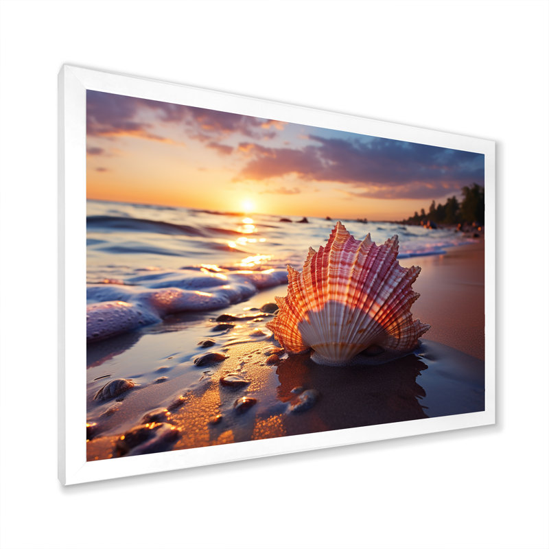 Coucher de soleil sur le rivage, Trésors IV - art mural plage, Cadre de coin blanc fermé, H 24 po x l 32 po x P 1 po