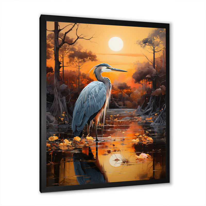 Bedourie Heron Silent Waters Pointillism II sur toile, H 32 po x l 16 po x P 1 po, Cadre photo noir