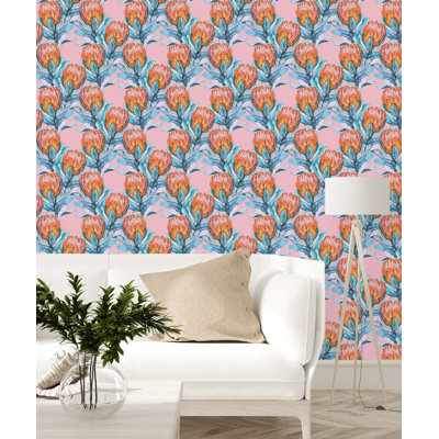 Protea sur papier peint rose
