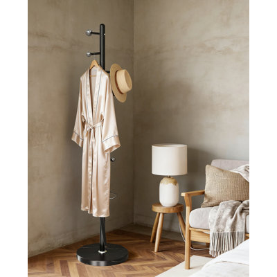 Portemanteau autoportant avec base en marbre naturel, portemanteau industriel en métal avec 8 crochets et porte-parapluie pour l'entrée, le bureau et l'organisation à la maison