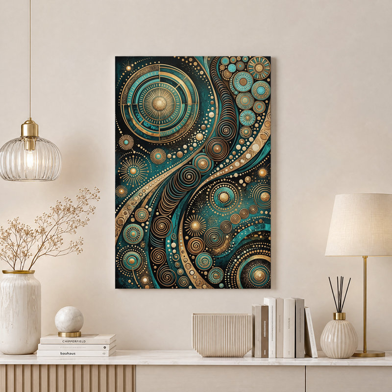 Tableau sur toile à motif géométrique en spirale or et turquoise, H 18 po x l 12 po