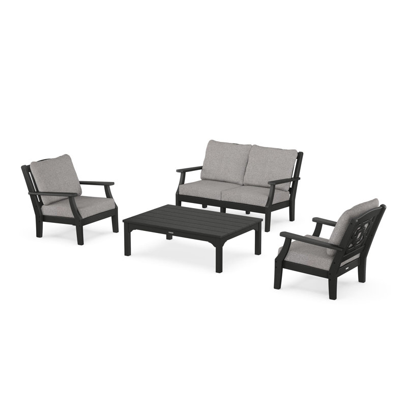 Chinoiserie 4 - Person Outdoor Seating Group with Cushions, Gray, Black