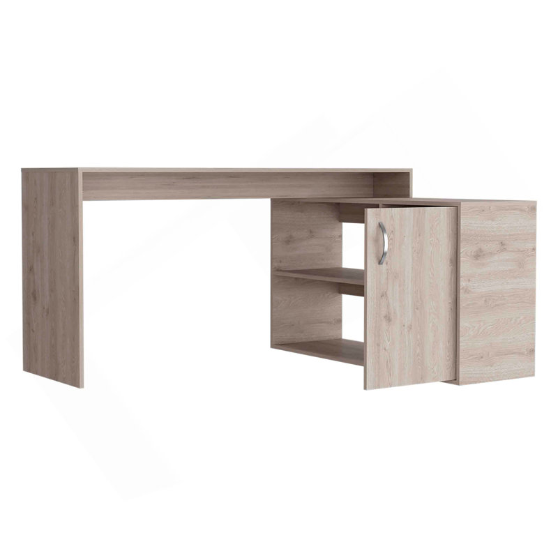 Antlia L-Shaped Writing Desk, Two Shelves, Single Door Cabinet, Light Natural