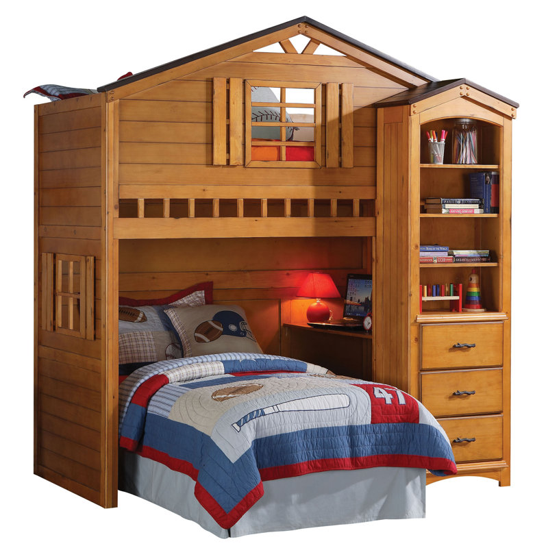 Rustic Oak Twin Loft Bed with Storage Drawers and Slats
