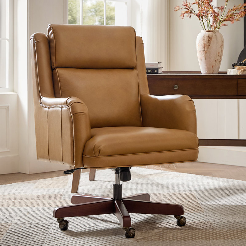 Heeg Traditional 42.5"H Genuine Leather Swivel Tilting Office Chair with Adjustable Headrest and Solid Wood Legs, Camel