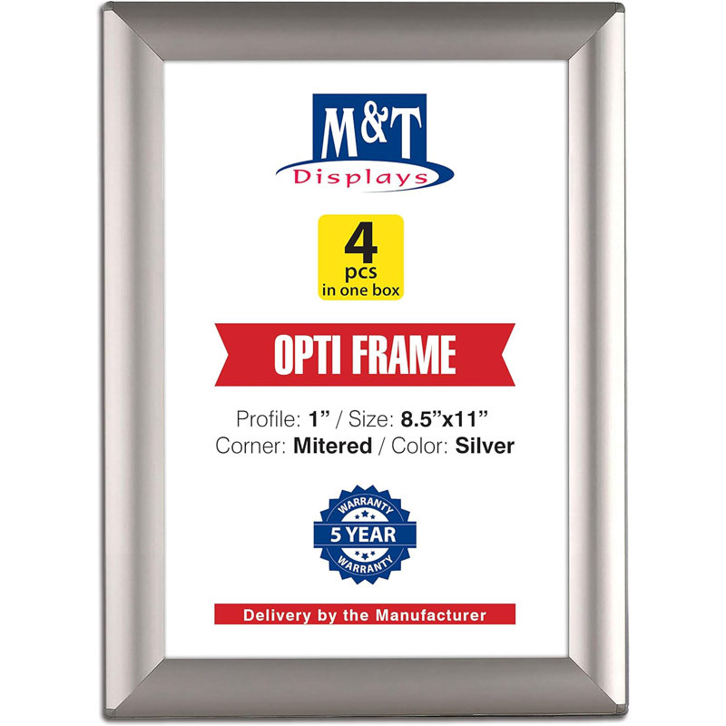 Opti Snap Poster Frame 8.5x11 Inch Silver 1" Aluminum Profile Front Loading Wall Mounting (4 pack)