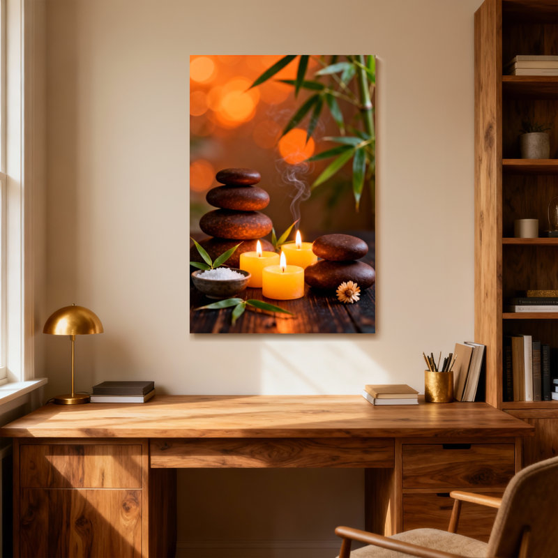 Bath and Laundry Calm Stones Candles Leaves Bamboo Smoke Light Scène paisible, H 40 po x l 28 po