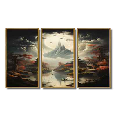 Pagodes en argent, paysage de montagne, ensemble de décorations murales