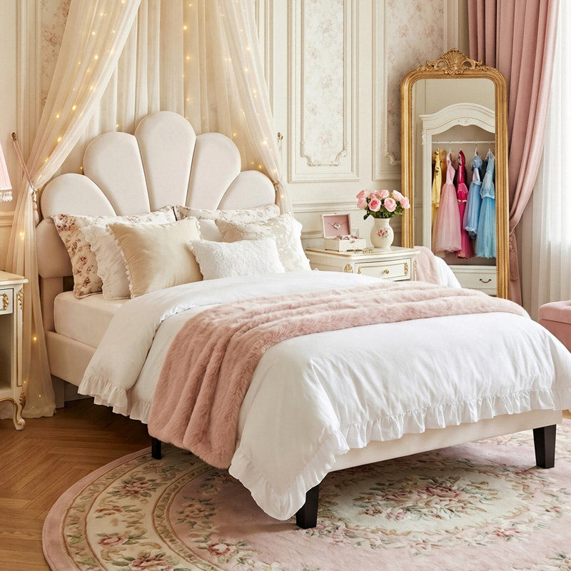 UK & EU Sizes Scalloped Shell Velvet Bed, Glam Upholstered Platform Frame With Gold Legs, Burgundy & Beige, Single (3')